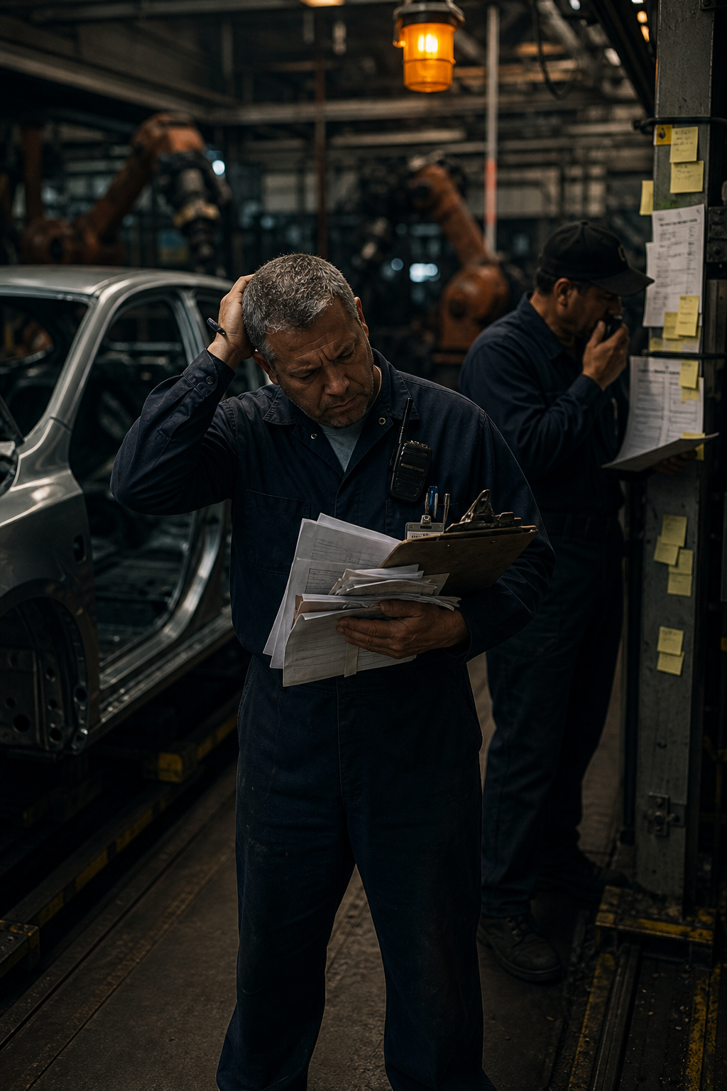 Operator in coveralls holding a stack of work orders beside an idle car body on a stopped assembly line