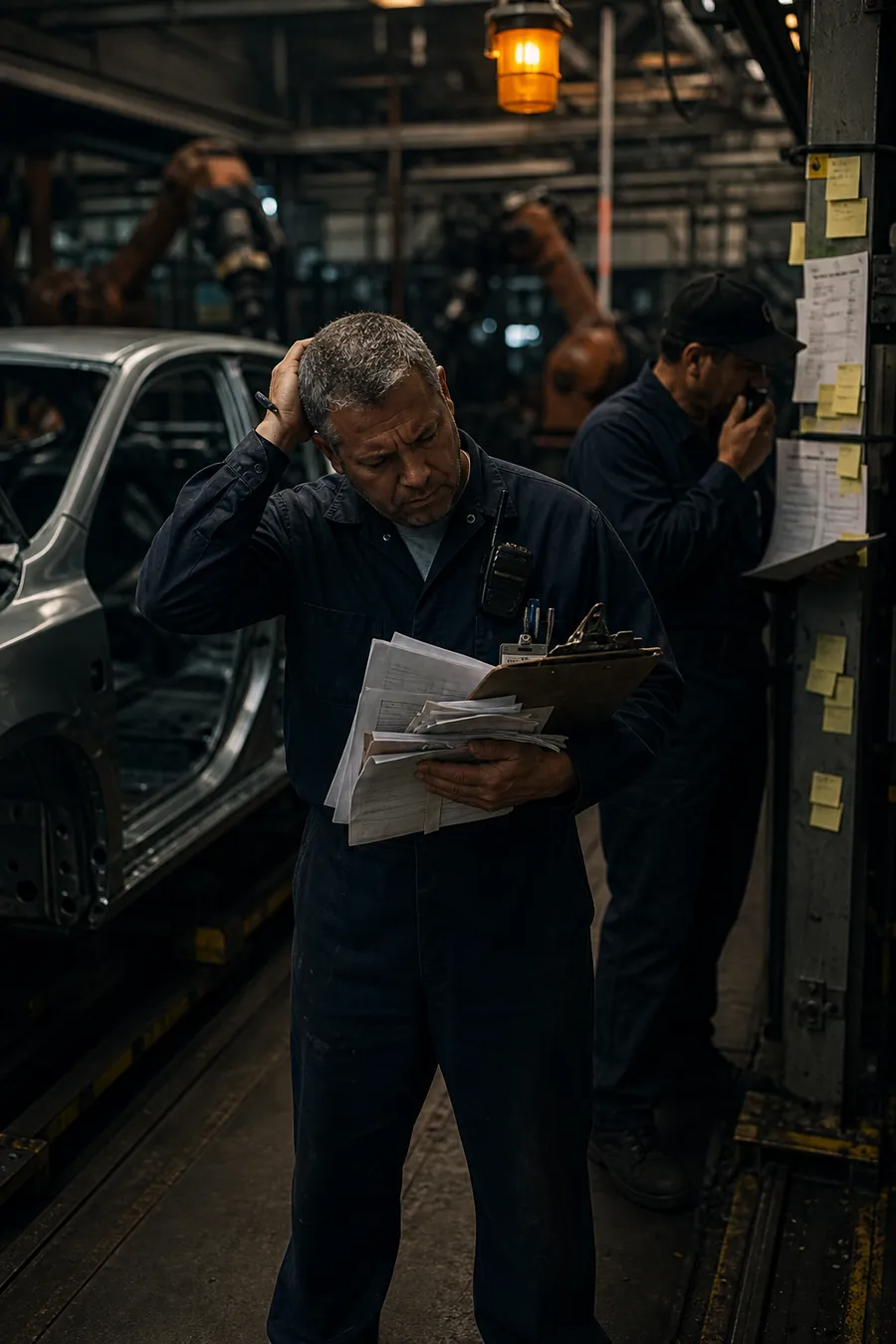Operator in coveralls holding a stack of work orders beside an idle car body on a stopped assembly line