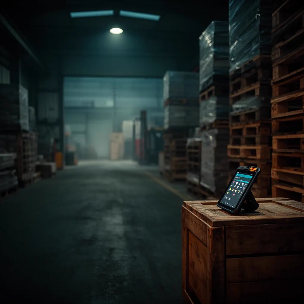 Quiet warehouse receiving dock with pallets and a scanner