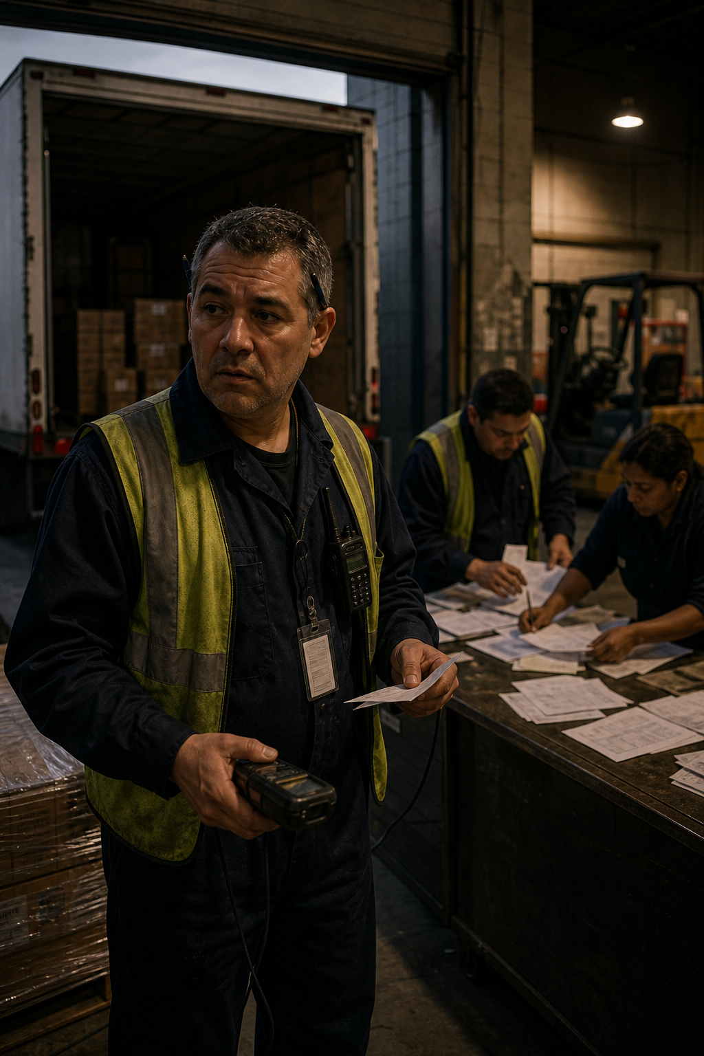 Receiving operator with scanner and delivery note at a warehouse dock as colleagues sort through paperwork