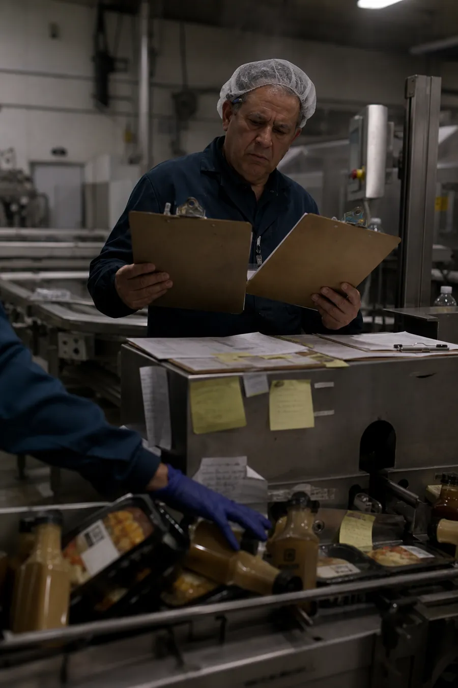 Operator comparing two clipboards over a jammed food packaging conveyor covered in batch sheets
